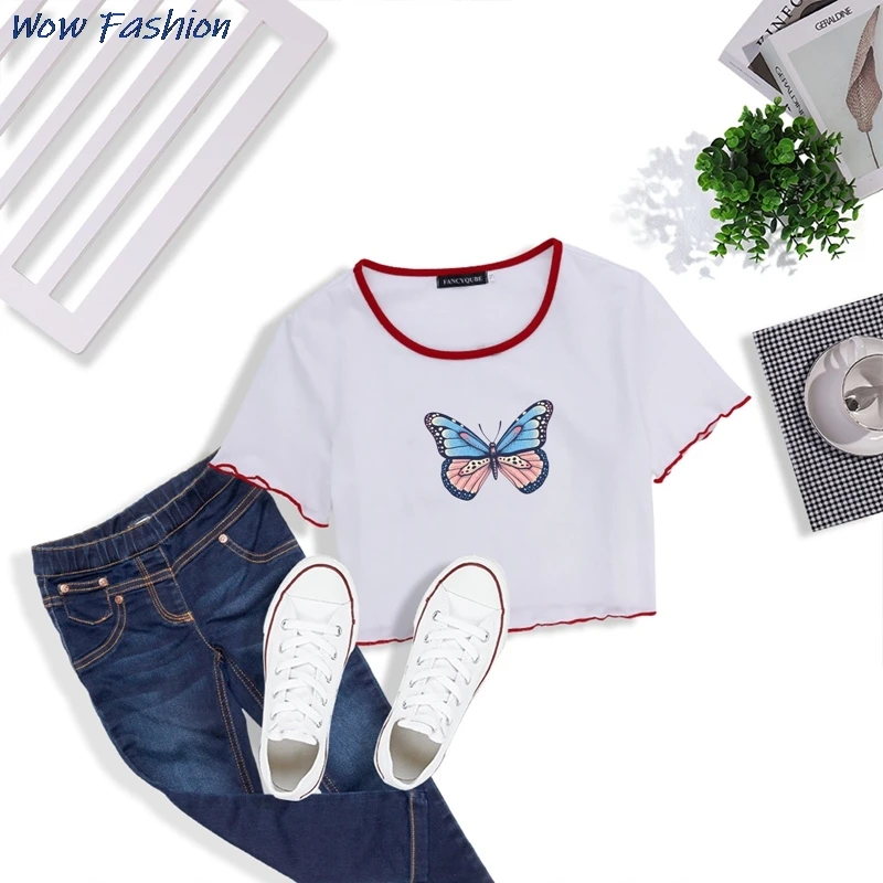 

A Women Colorful Butterfly Print Cropped T-shirt Casual O-Neck Hit Red Striped Short Sleeve CropTops Female Fashion Clothes