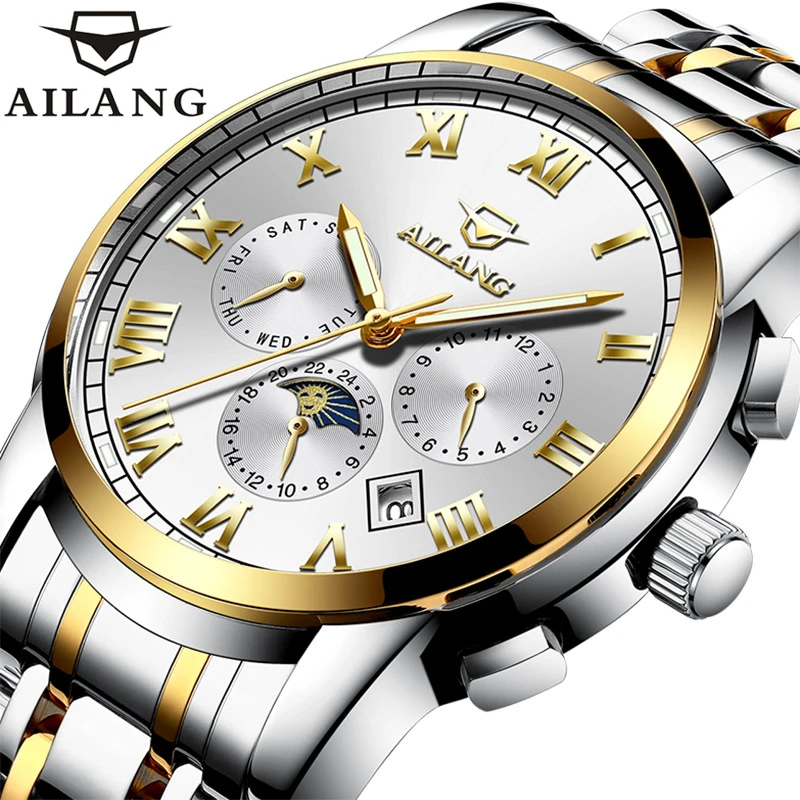 AILANG Fashion Mens Business Watches Roman Scale Waterproof Steel Band Mens Weekly Calendar Automatic Mechanical Watches 5807