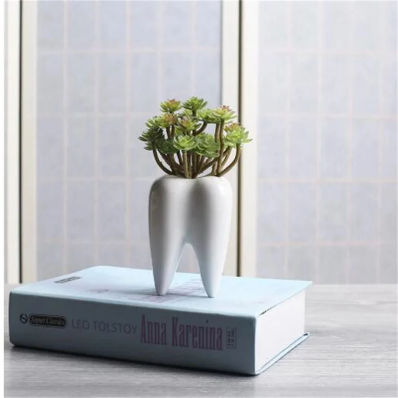 

1PC Tooth Shape White Ceramic Flower Pot Modern Design Planter Teeth Model Mini Pot Creative Gift (Without Plants)