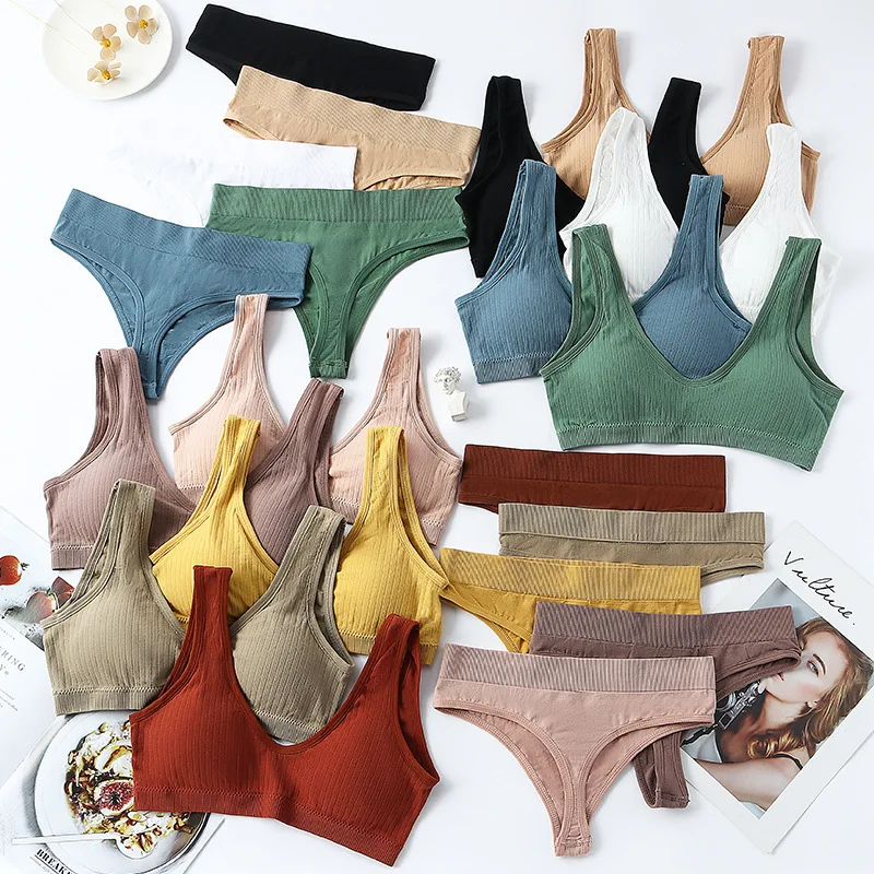 

Sexy Seamless Bra Panties Set Women Underwear Set Wireless Padded Bra Briefs Suit Push Up Striped Bra Underpants 2Pcs