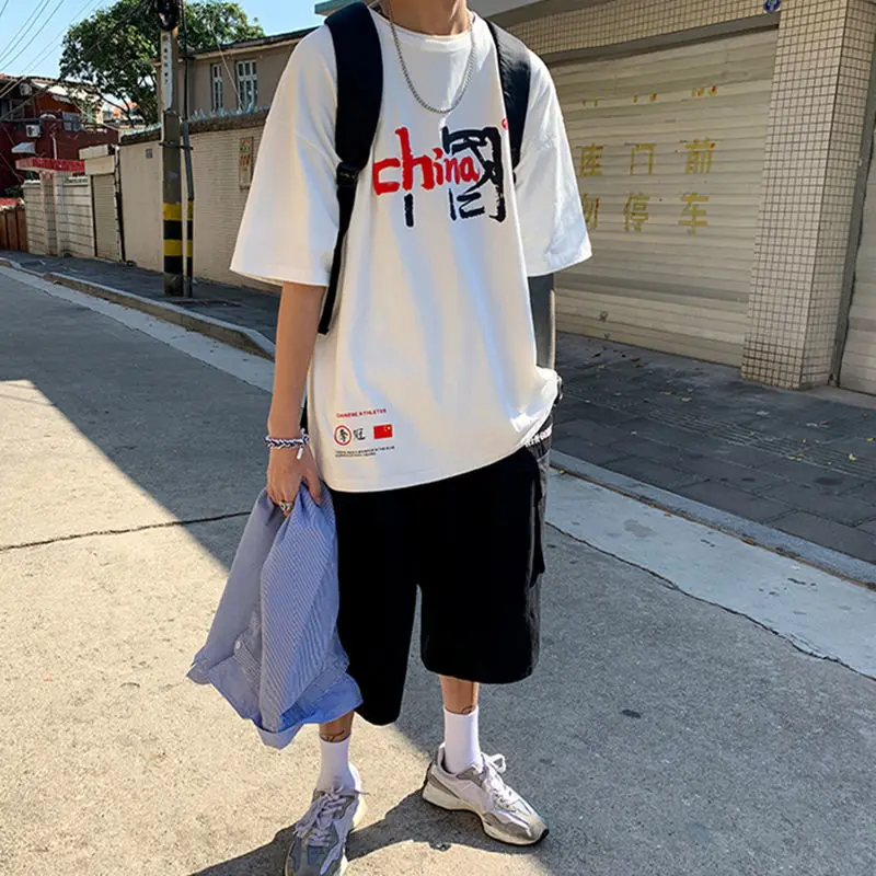 

Harajuku Chinese Style T-Shirt Men's Clothes Cotton Trend Handsome Students Tops High Street Couples Oversized Clothing