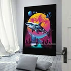 Ретро-постер в стиле паровой волны, 80 лет, Абстрактная Картина на холсте с изображением акулы и города, современное эстетическое украшение для комнаты, подарок