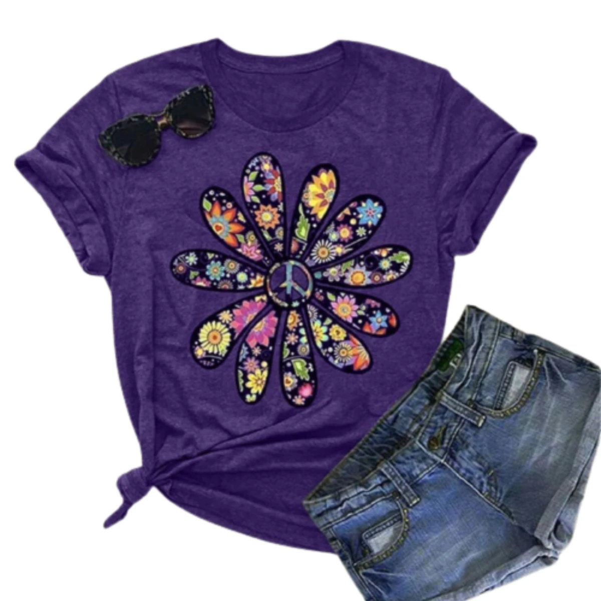 

Ladies T-shirt Sun Flower Art Pattern Short Sleeve Shirts Women Color Flowers Print Round Neck Loose Casual tshirt Vintage Tops