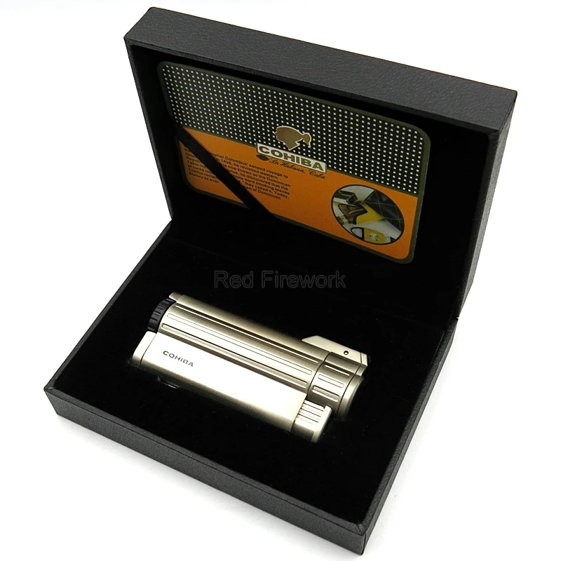 COHIBA курительные гаджеты, металлические ветрозащитные многоразовые зажигалки для сигарет, 3 фонарь, Высококачественные Зажигалки для сигар с подарочной коробкой