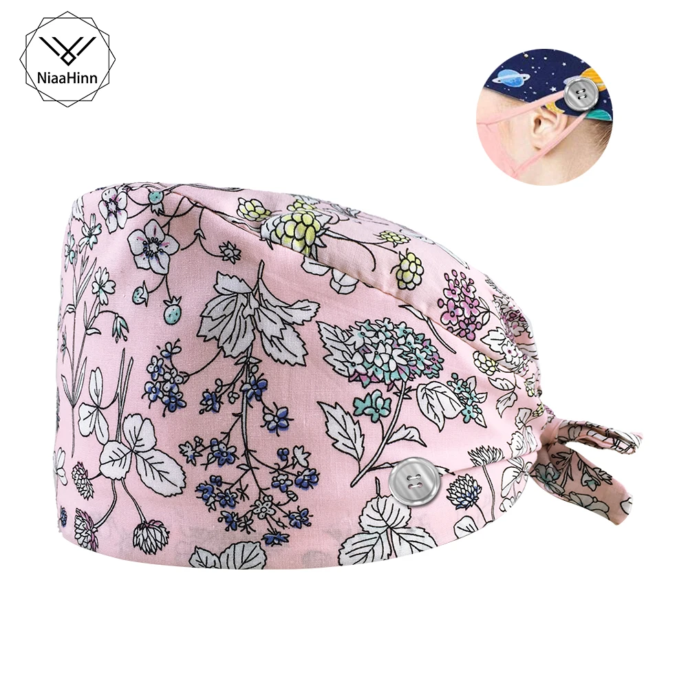 

Breathable fashion multicolor print salon cotton spa scrub clean sanitary nutritionist adjustable button neutral spa scrub hat