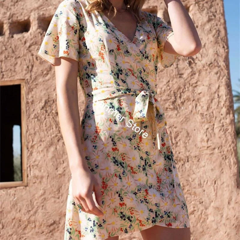 

Women Daisy Print Mini Dress Sashes Short-sleeved V-neck Lace-up Casual Floral Summer New Female Holiday Dress