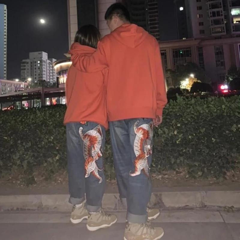 

jeans woman Oversize loose Slim fit women pants tiger embroidery pants jeans female Korean national straight wide leg pants New