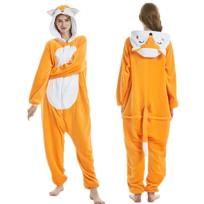 Yellow Fox Пижамные комплекты с рождественским оленем, мультяшная Пижама, женская пижама, Фланелевая пижама с изображением животных, стежка, панда, единорог, пижама-Тигр, кугуруми - Цвет: Yellow Fox