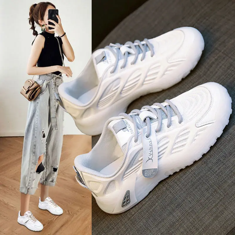 

Sports Shoes Women's Spring 2021 New Fashion Trend Mesh Thin Breathable Casual Shoes Soft Comfortable Running White Old Shoes
