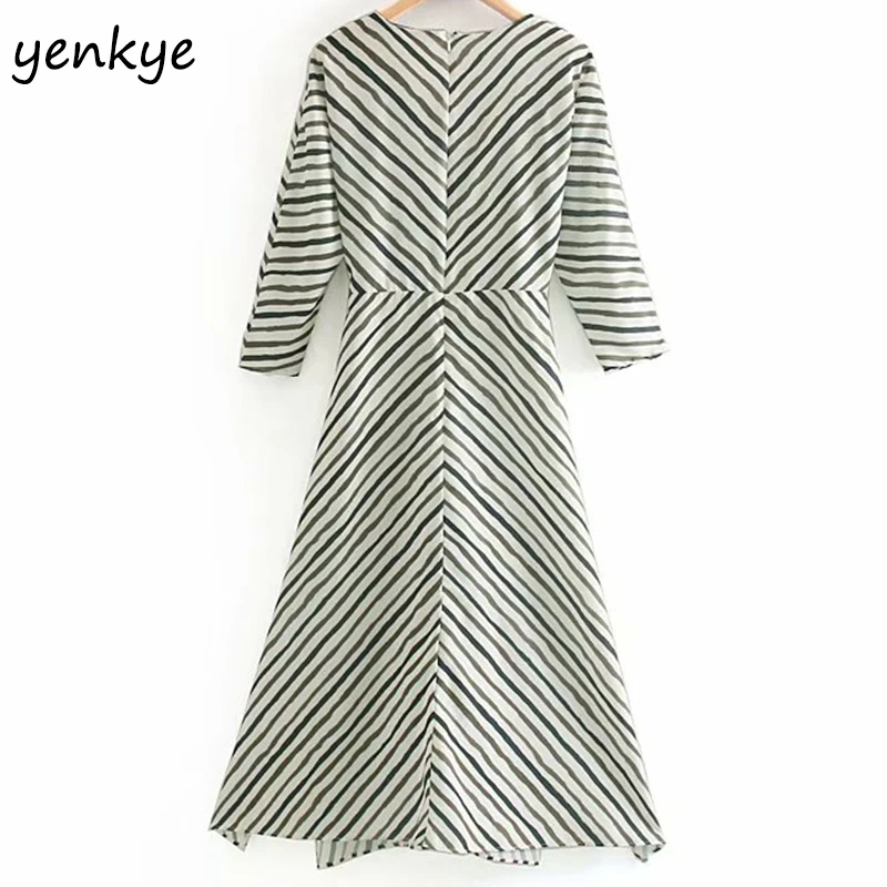 2019 женское винтажное платье в полоску с v-образным вырезом и длинным рукавом