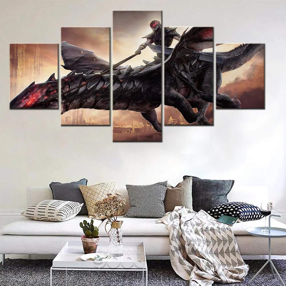 

American Anime Fantasy Dark Flying Dragon Ride Warrior Posters Canvas Pictures For Living Room Wall Pictures For Kids Bedroom