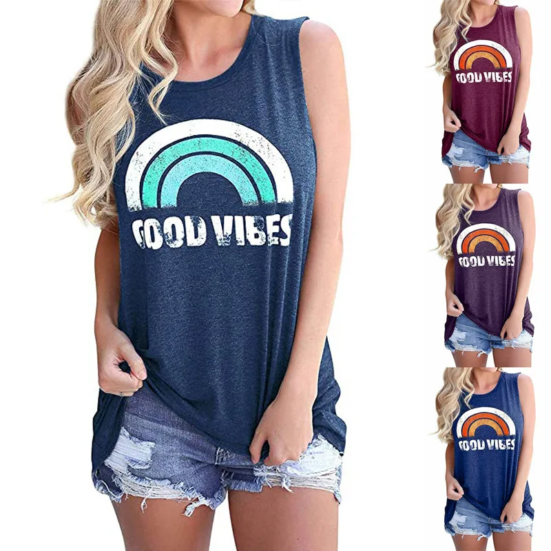 

Женские топы с буквенным принтом размера плюс, летняя хлопковая футболка без рукавов с круглым вырезом, повседневные футболки 2020, женская п...