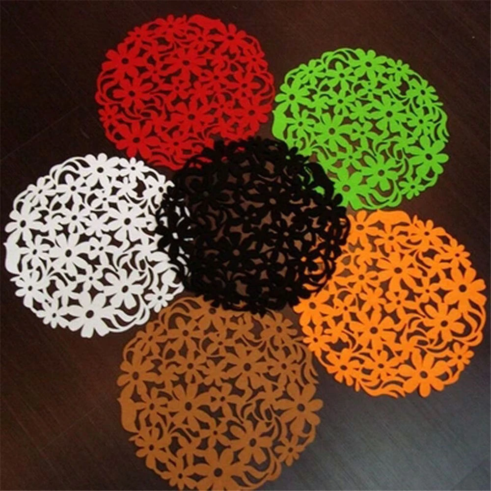 

1pc Round Laser Cut Flower Felt Placemats Kitchen Dinner Table Cup Mats Cushion Heat-insulated Bowl Placemat Home Decor Desktop