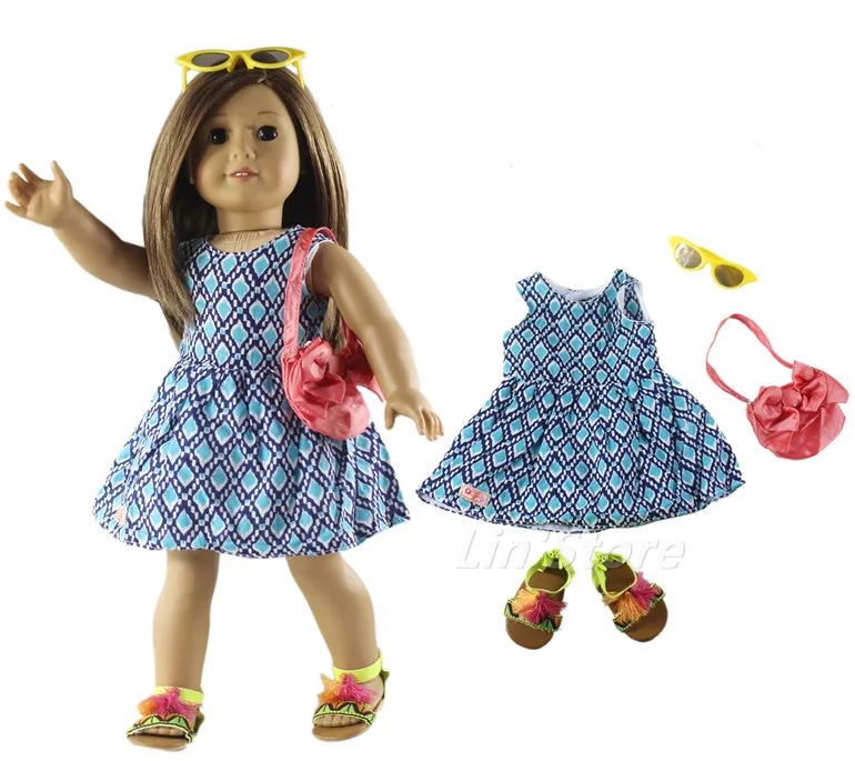 

Hot 4in1 set Doll Clothes Outfit Dress+bag+glasses+shoes for 18 inch American Doll
