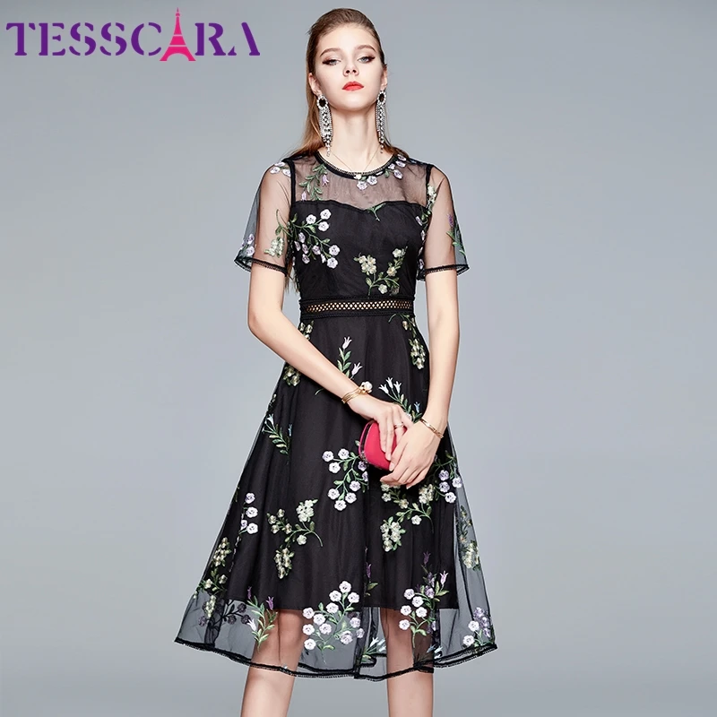 Женское Сетчатое платье с вышивкой TESSCARA винтажное элегантное вечернее цветочным