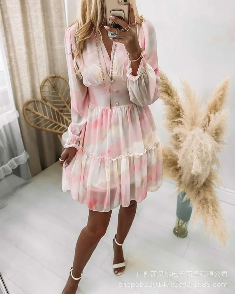 

tie-dye dress women autumn 2021 new fashion v-neck sweet mini dress