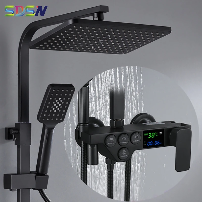 

Hot Cold Digital Bathroom Shower Set of 12 Inch Rainfall Shower Head Copper Bath Bidet Matte Black Thermostatic Bath Shower Set