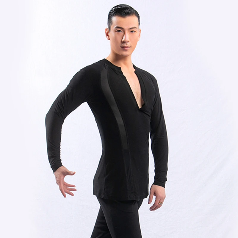 

Latin Dance Clothes Men V Neck Long Sleeves Tops Latin Practice Wear Male Ballroom Cha Cha Rumba Dancing Shirt Black