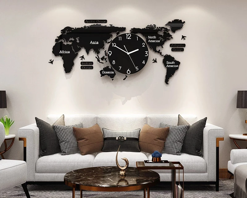 

World Map Wall Clock Punch-free Large DIY Stickers Wall Clock Quartz Watch Mute Modern Self Adhesive Design Horloge Art