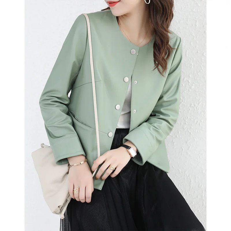

SHZQ Sheepskin Leather Coat Round Neck Small Man Korean Jacket Female Spring and Autumn 2021 Short New Trend