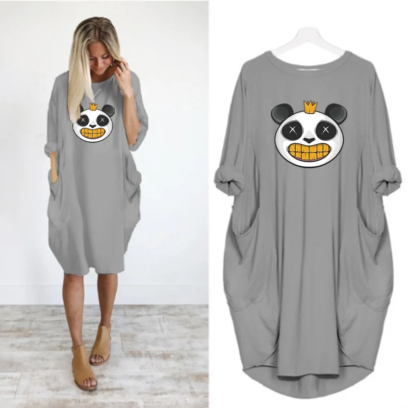 

Women Dresses Vintage Panda Print Harajuku Loose Long Sleeve Pocket Autumn Casual Beach Party Dress Vestido Femme Robe