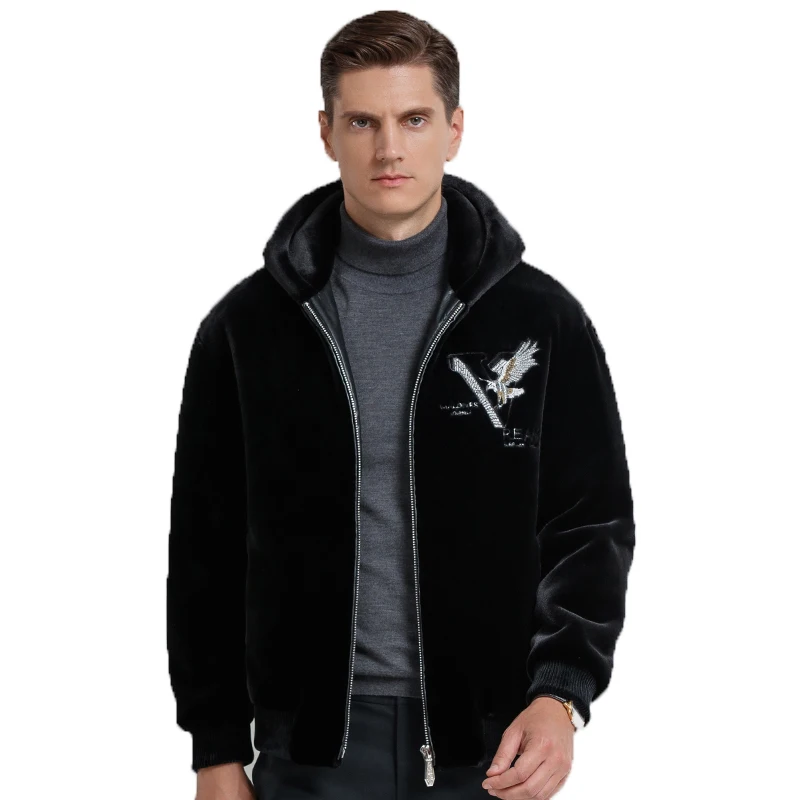 

Мужская куртка, Осень-зима 2021, с вышивкой орла, с капюшоном, Золотая норковая Черная куртка, куртка для мужчин, теплая зимняя одежда, стандарт...
