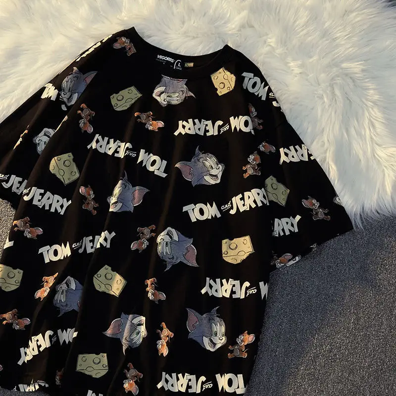 

Cat and Mouse 2021 Summer Korean Version Harajuku New Cartoon Print Oversizes Loose Short-sleeved T-shirt