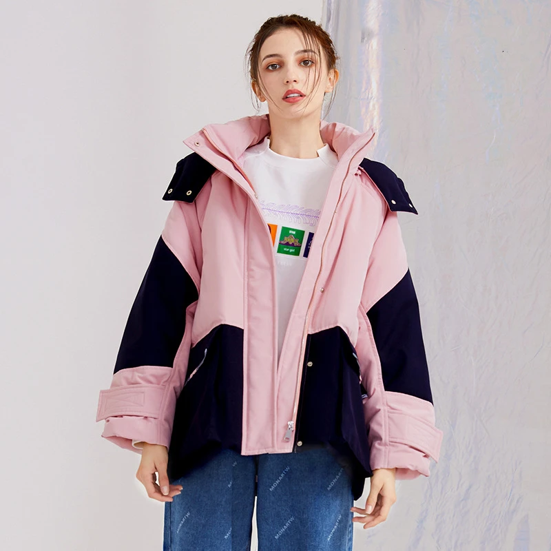 

2020 winter new high quality down jacket women stand-up collar hooded detachable contrast color workwear style women's jacket
