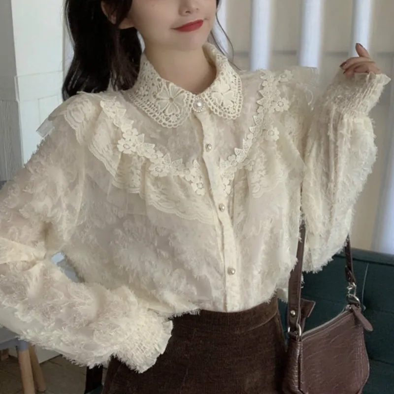 

Lace Blouse Women 2021 Spring Sweet Kawaii Puffer Long Sleeve Tops Female Casual Loose Button Elegant Collar Blouse Korean Chic