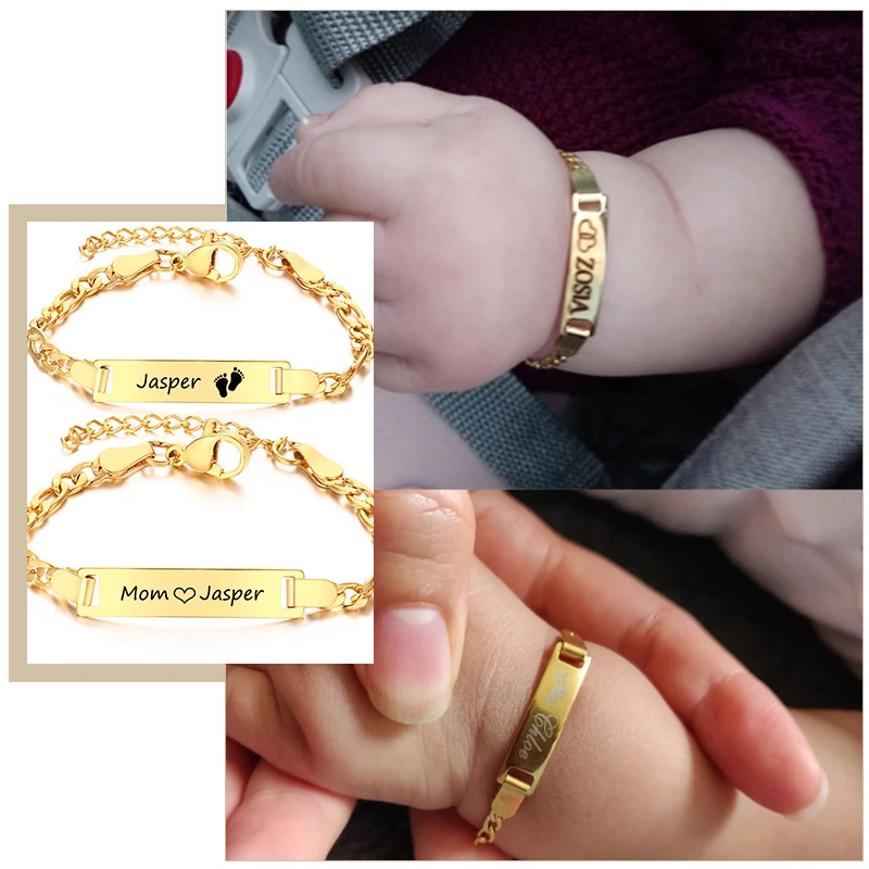 Personalize Engrave Mom Baby Name Birthday Date Bracelet Figaro Link Chain Smooth Bangle Custom Family Love Gifts Jewelry