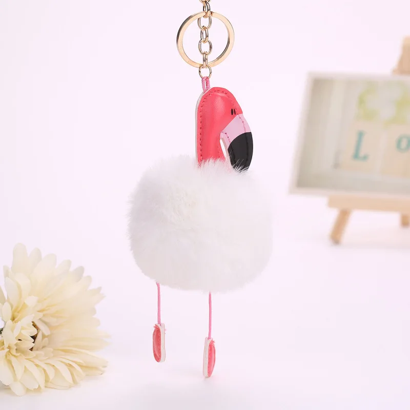 

Cute Women Fluffy Pompom Pink Flamingo Keychain on the Bags Rabbit Fur Ball Pompon Anime Key Chain Car Bag Trinket Llaveros Gift