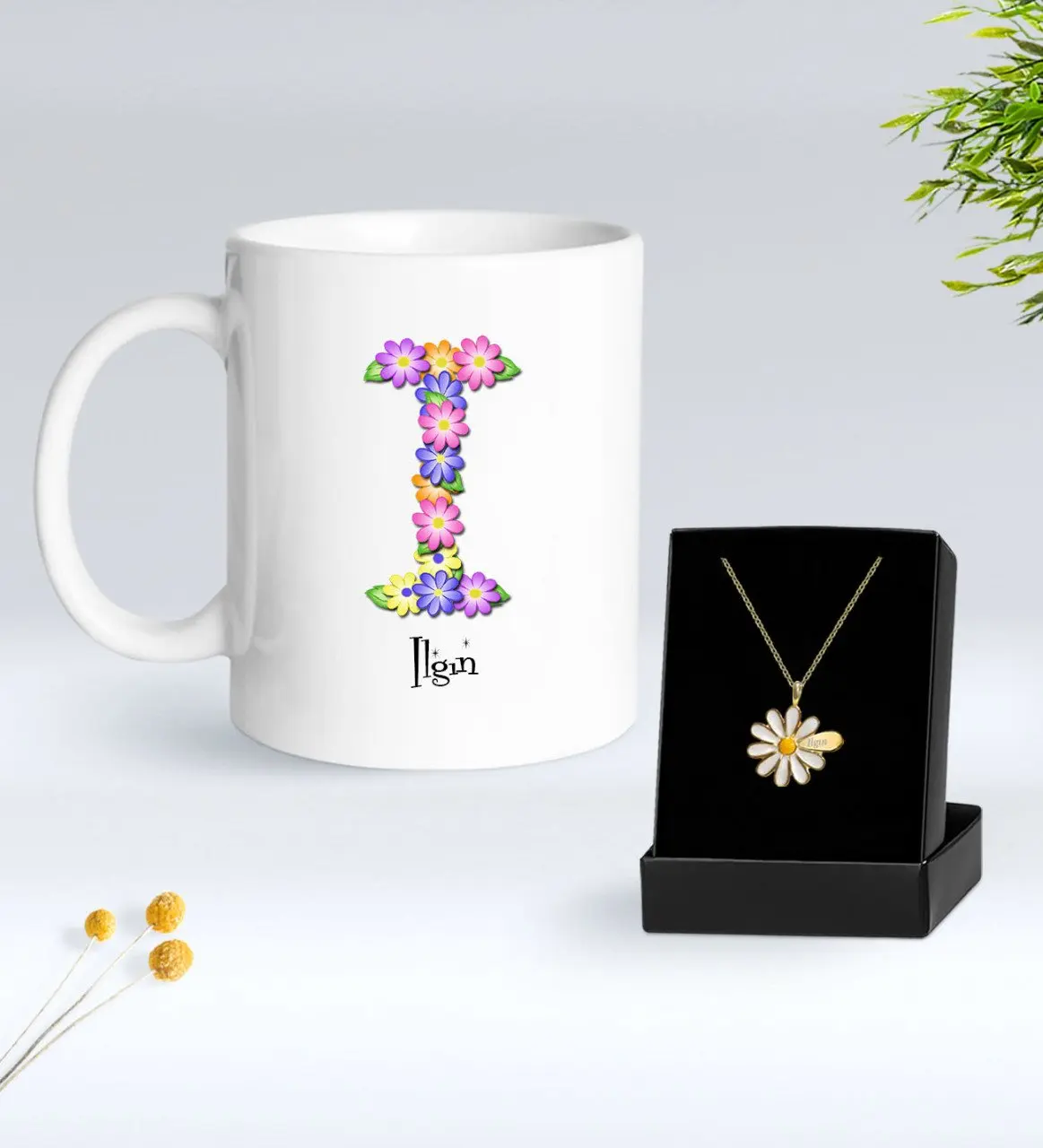 

Персонализированные цветок тематические письмо кружка и ожерелье Маргаритка подарок Seti-10