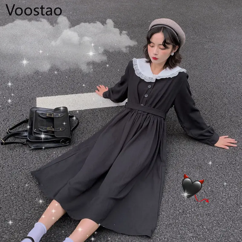 

Autumn Women Dark Dress Fashion Preppy Style Long Sleeve Lolita Dresses Japanese Sweet Peter Pan Collar Ladies Elegant Dress
