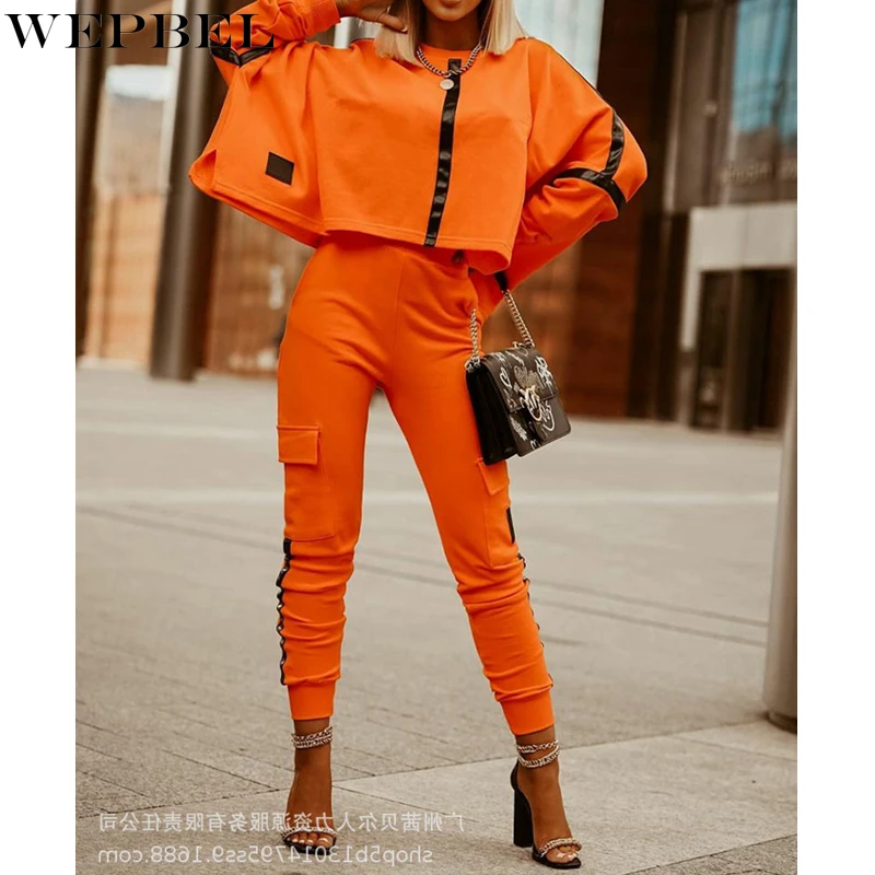 

WEPBEL Women's Casual Solid Color Striped Suit Autumn Fashion Batwing Sleeve O-Neck Top High Waist Pocket Pencil Pants Suit