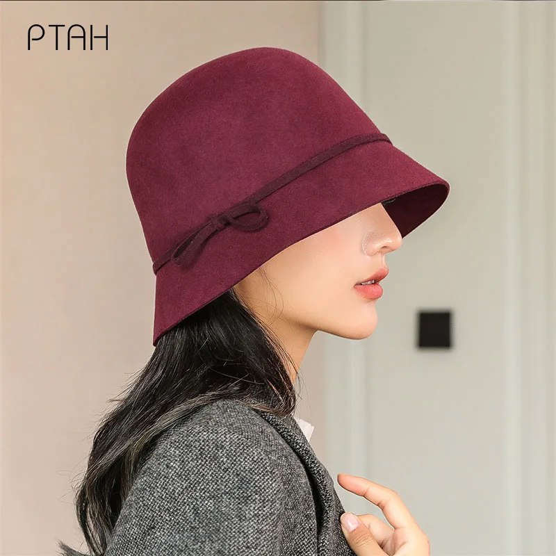 

[PTAH] Fedoras Hats For Women Wide Brim Pure Color Church Autumn Winter New Warmer Hats Ladies 100% Australian Wool High Quality