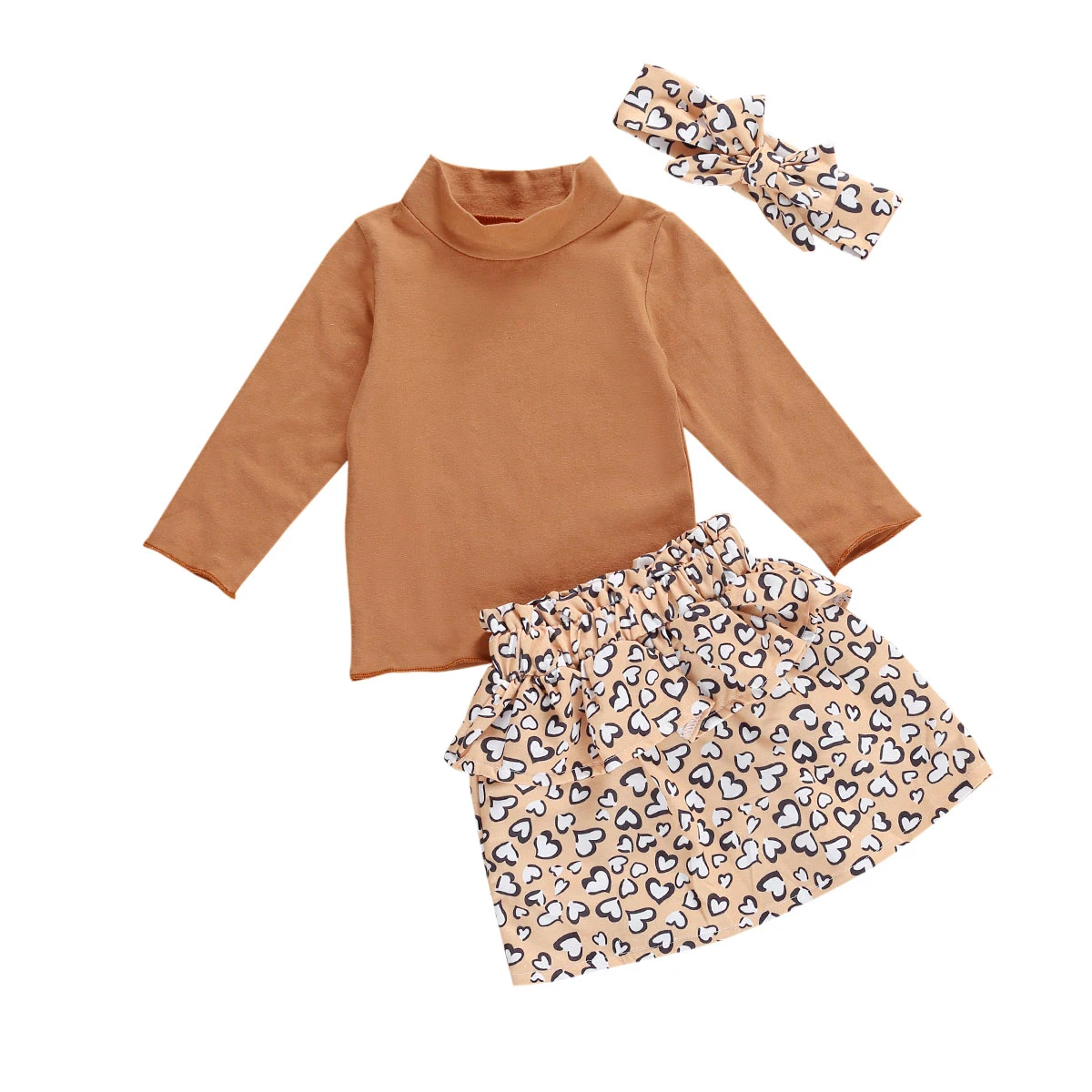

Autumn Kids Girls Clothes Sets 1-6Y Turtleneck Long Sleeve Solid Sweatshirts Tops Leopard Skirts Headband