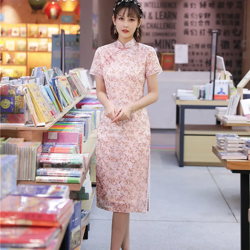 

Sexy Embrodiery Chiffon Qipao Chinese Style Short Sleeve Lace Mandarin Collar Cheongsam Oriental Women Dress