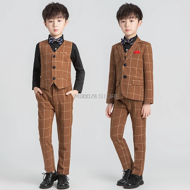Flower Boys Formal Tuxedo Dress Piano celebration Costume Kids Birthday Wedding Suit Jacket +Vest+Pant+Tie Clothing Set 2-12Y | Детская