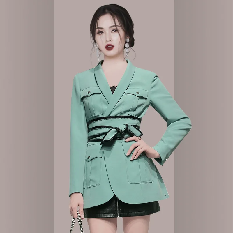 2021 New Spring V-neck Corset Blazer and Zipper PU Leather Skirts Ladies Set Autumn Europe Brand Fashion Two Piece Set for Women