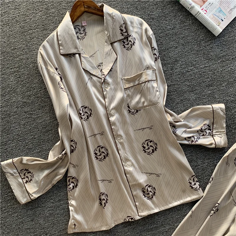 Новая мужская пижама кардиган повседневная удобная имитация шелка брюки с