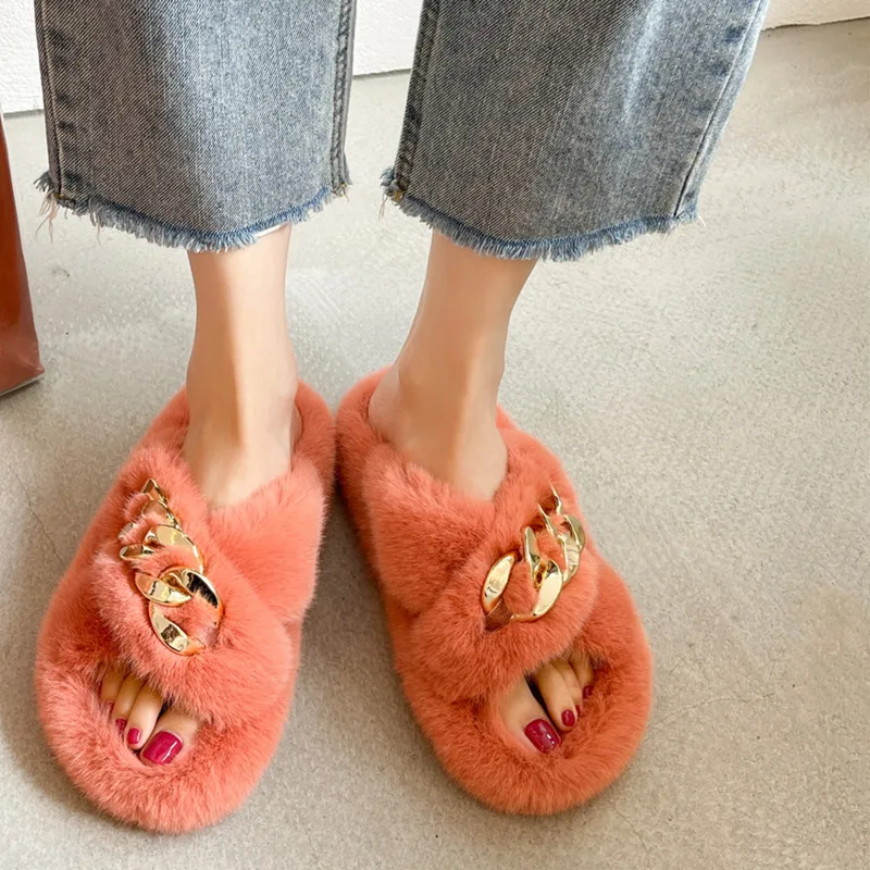 

Winter Soft Women's Indoor Slippers Home Fluffy Faux Fur Slides Chain Platform Flip Flops Woman Girl Warm House Bedroom Shoes