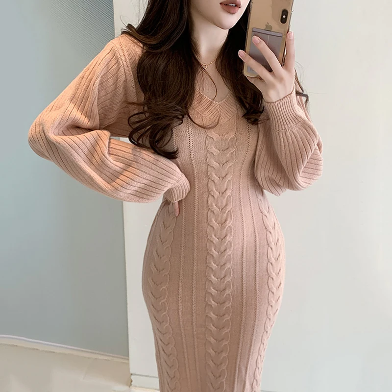 V Neck Casual Warm Knitted Jumper Dresses Solid Thick 2021 Sweater Dress Women New Winter Korean Pollover Woman Knitwear Robe | Женская