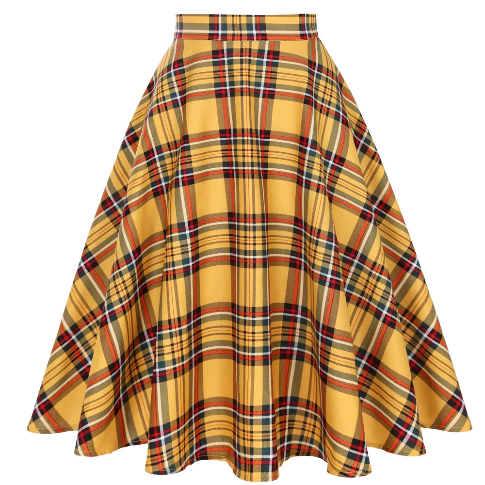 

Yellow Plaid High Waist Midi Skirts jupe femme A Line 2022 Spring Swing Women Vintage Plaid Skirt SS0006