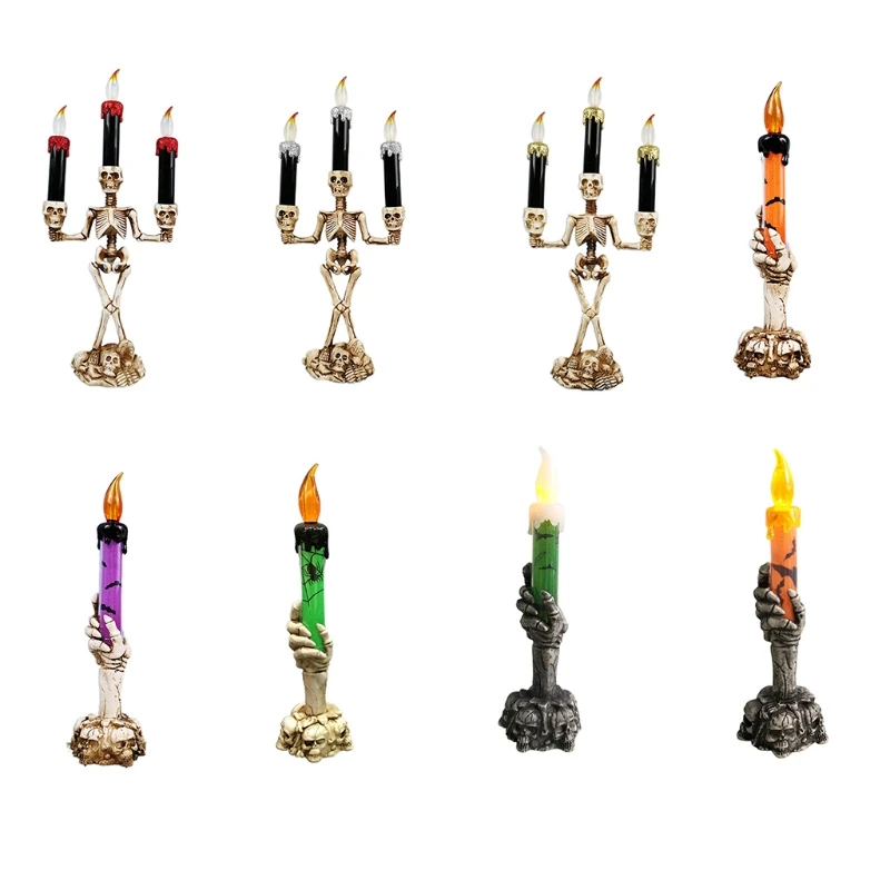 

Halloween Skull Candle Holder with LED Glowing Light Skeleton Ghost Hand Flameless Candle Lamp Party Bar Decoration