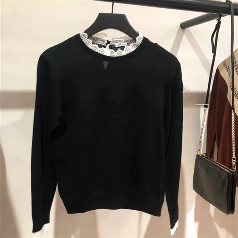Black Lace Collar Black Knitwear Women Long Sleeve Tops Autumn Sweet Lady Woolen Knitted Pullover Sweater - Цвет: Black