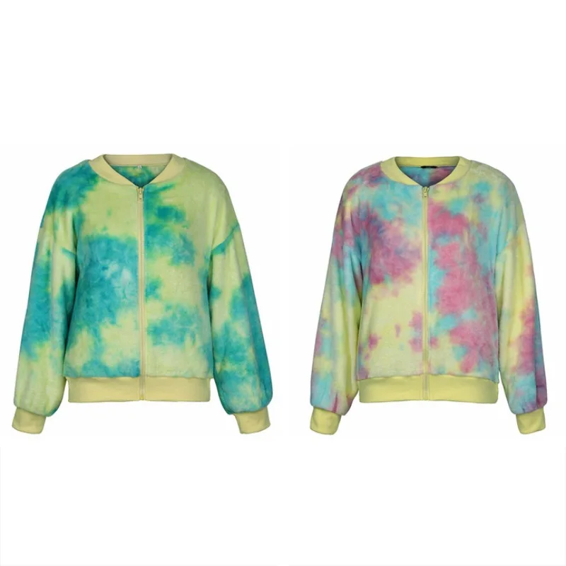 

Women's Coats Femlae Autumn Winter Casual Fashion Colorful Plush Long Sleeve Round Neck Zipper Jacket With Pockets