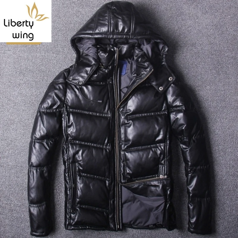 Мужская приталенная уличная куртка с капюшоном из натуральной овечьей кожи