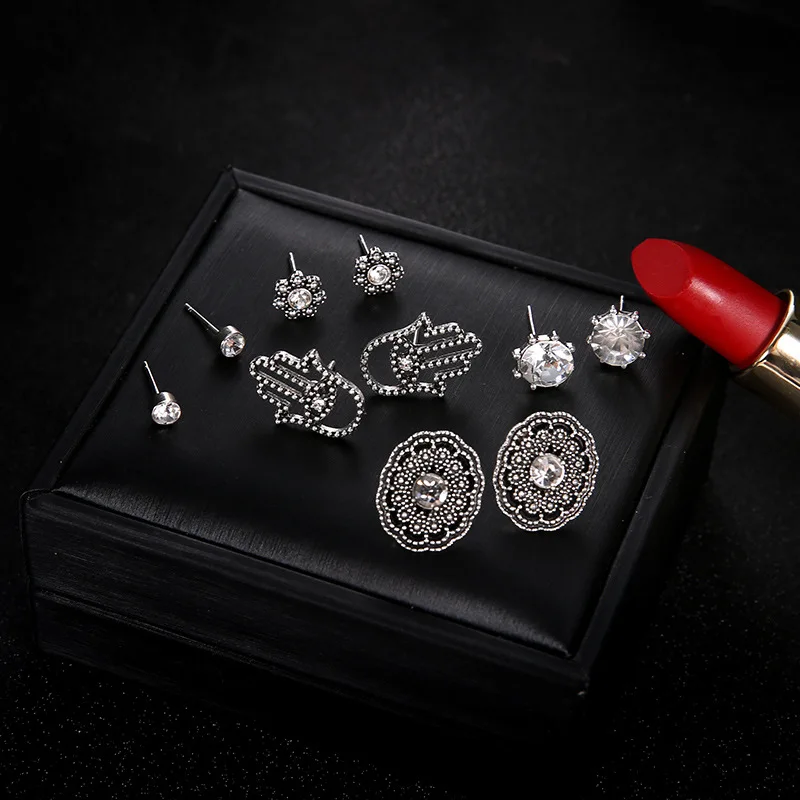 

2021 Retro Earrings for Women Fashion Hand Palm Flower Boho Stud Earring Set Jewelry Crystal Turkish Aretes