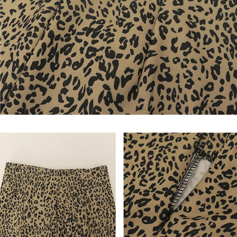 

Women Skirts Ankle-length Leopard Side Split Female A-line High Waist Slim Retro Elegant Leisure Sexy Fashion Korean Style Chic