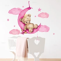brup pink sweet sleeping bear wall stickers clouds stars wall decals baby nursery room decoration living room bedroom stickers